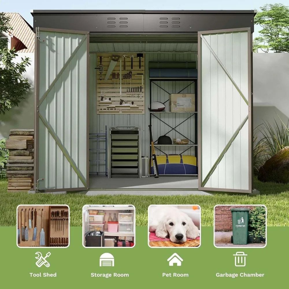 Armazenamento ao ar livre Metal Shed com Ventilação e Bloqueio, Impermeável e Resistente UV, Cor Marrom, 8x6 Polegadas