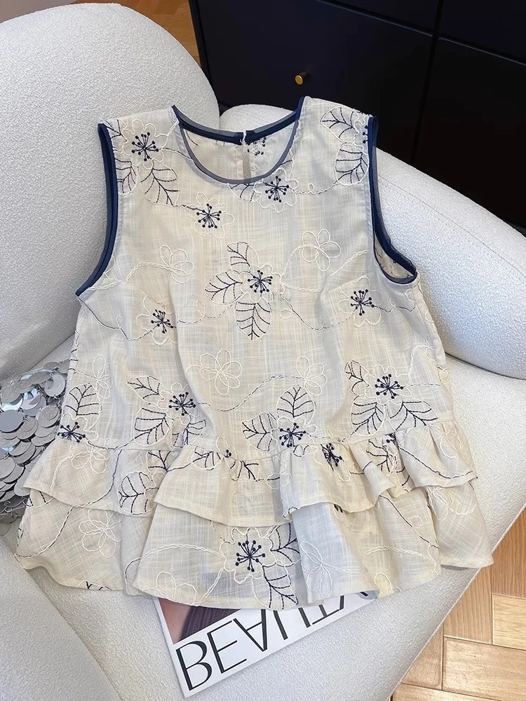 

Retro Embroidered Hook Flower Lace Svel irt ex Summer Korean Sle Sweet Youthful Versatile Top Trendy round Ne