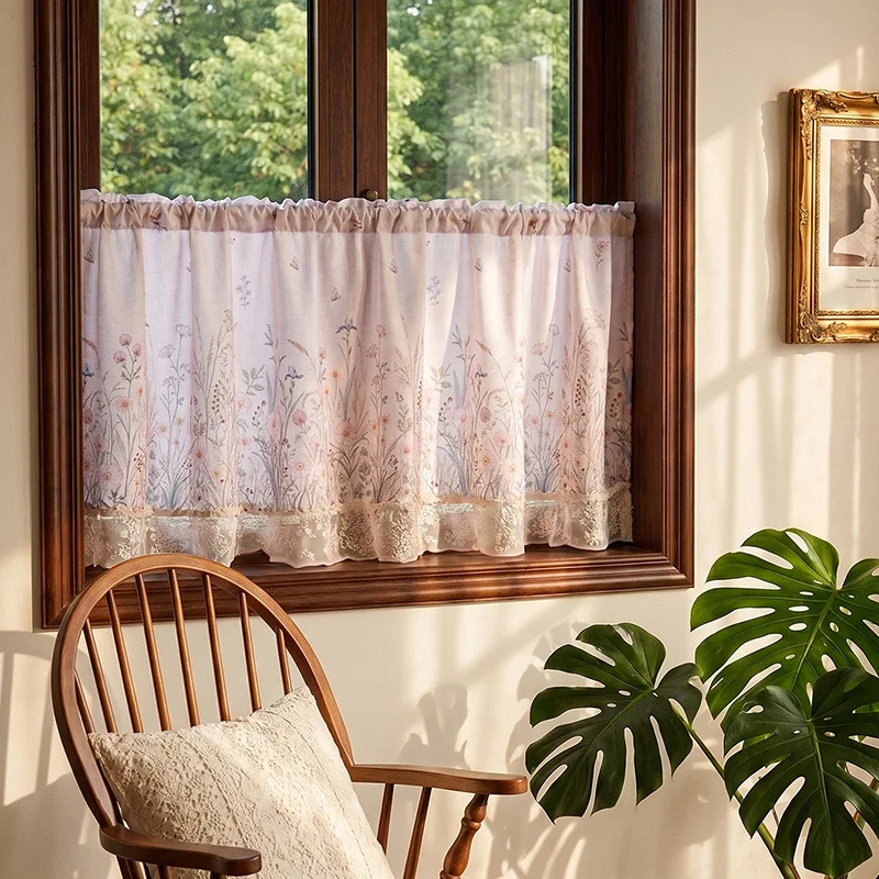 American Floral Embroidery-Style 2D Printed Kitchen Cafe Half Curtain, Rod Pocket Short Valance for Cabinet Pantry Window