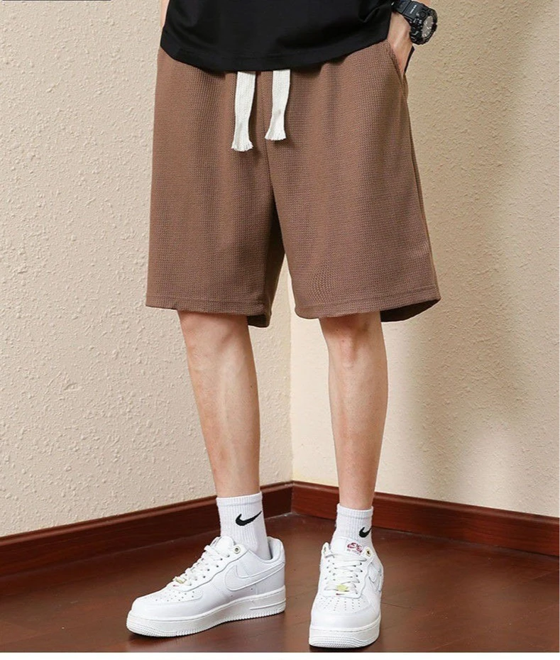 Einfarbige Sommer-Waffelshorts für Herren für lässige, lockere, atmungsaktive, dünne, Basketballsportarten, kurze Shorts, Strandhosen – Detail 4