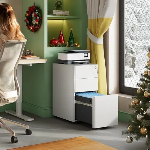 3 Drawer File Cabinet, Slim Metal Filing Cabinet with Lock, Under Desk Storage Cabinet for Letters/Legal/A4, Fully