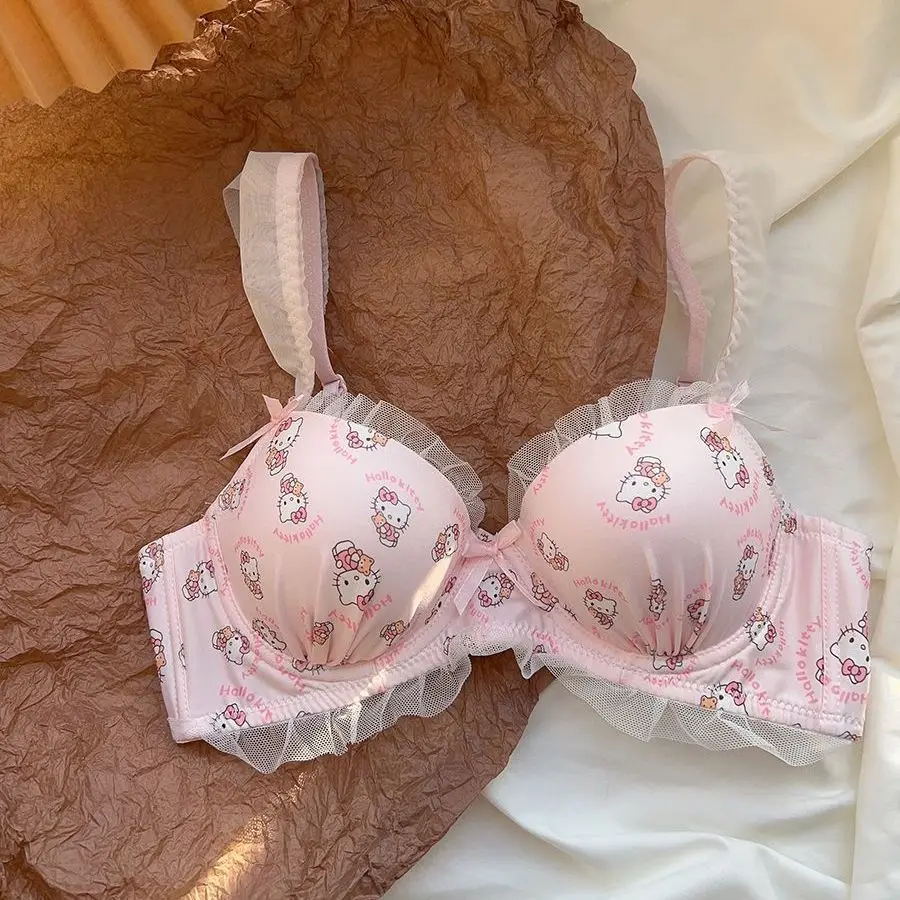 Hello Kitty Cute Japanese Girl Undergarments Unrimmed Bow Tie Small Breast Gathering Bra Set Female's Bra Breathable Gathered