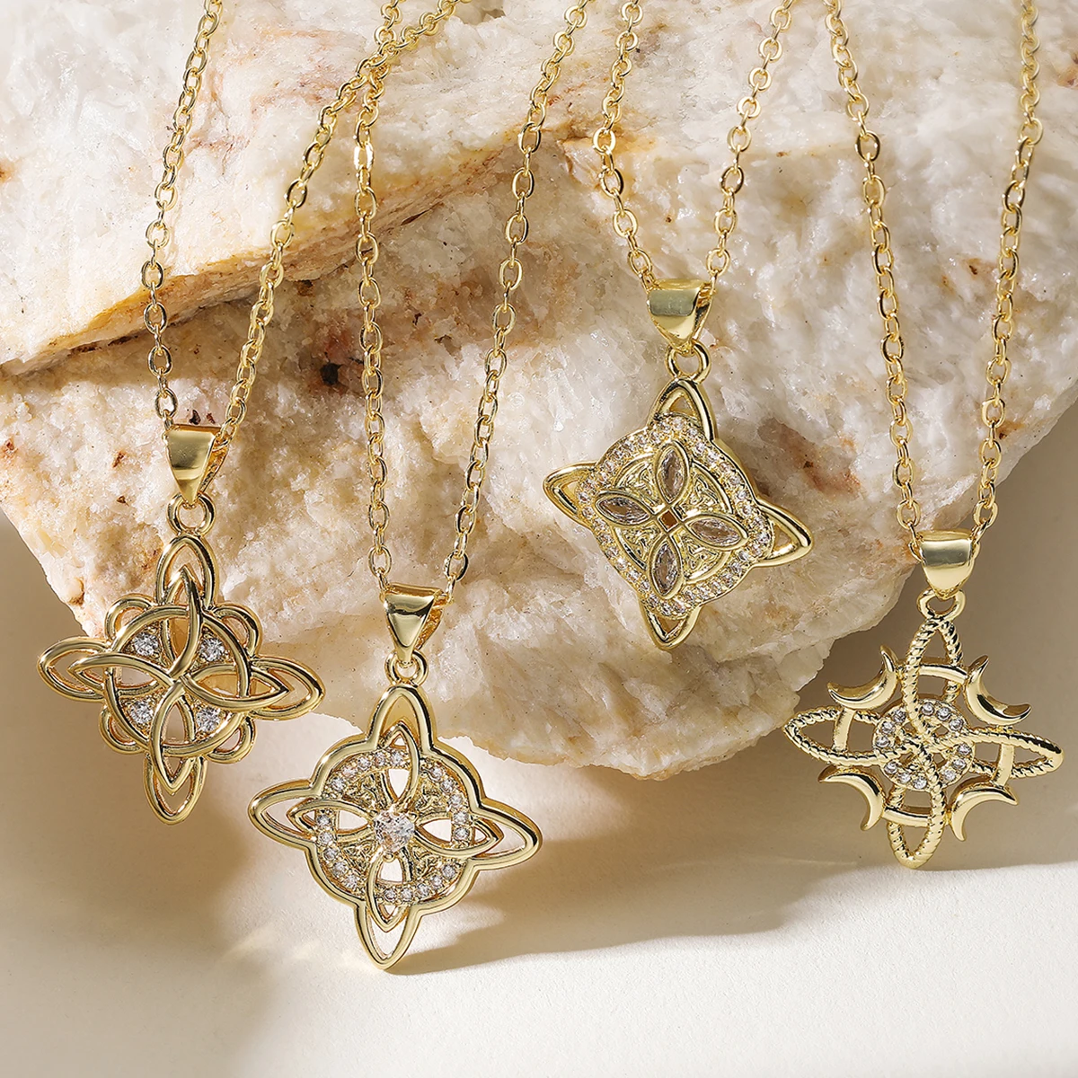 NEWBUY Moon Star Celtic Knot Lucky Charm Necklace Brass Gold Plated CZ Inlaid Minimal Vintage Daily Jewelry