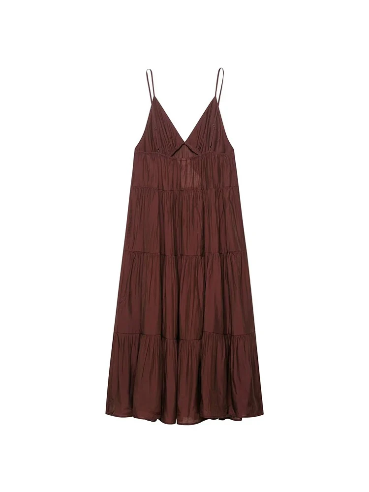 Moda feminina castanha plissada em camadas Vestido longo halter Sexy Slim decote em V sem costas Vestido primavera verão Europa e Estados Unidos novos elegantes vestidos de praia casuais de férias