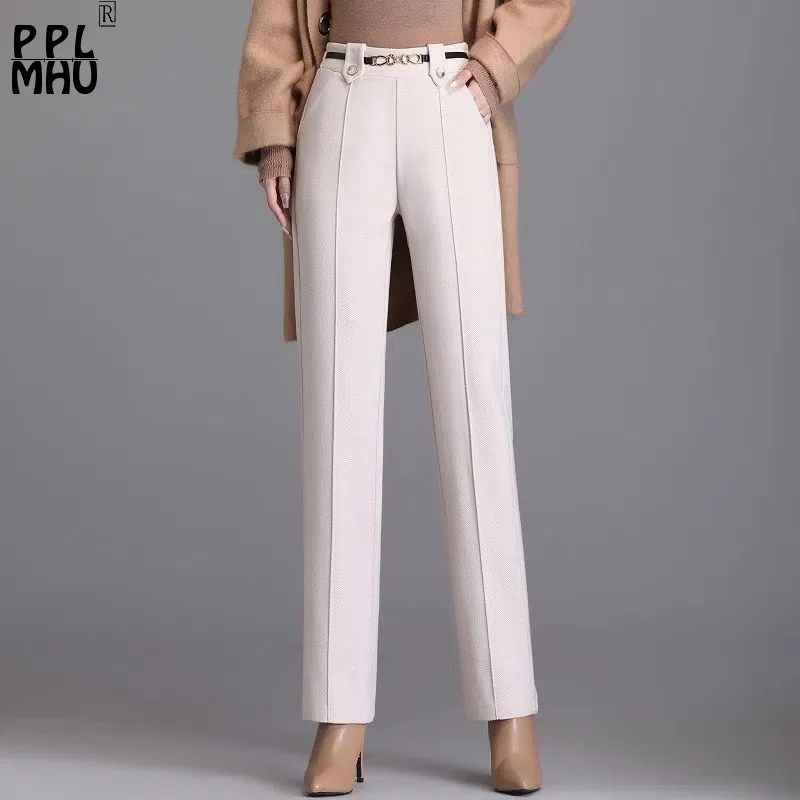 

Office Lady Wool Blend Straight Pant Women Elastic High Waist Classic Suit Pantalones Autumn Belt Ankle Length Casual Trousers