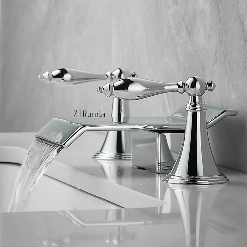 حوض غسيل أوروبي ثلاثي الفتحات من النحاس بالكامل، حوض غسيل للمياه الساخنة والباردة، خزانة حمام، صنبور شلال مقسم #4