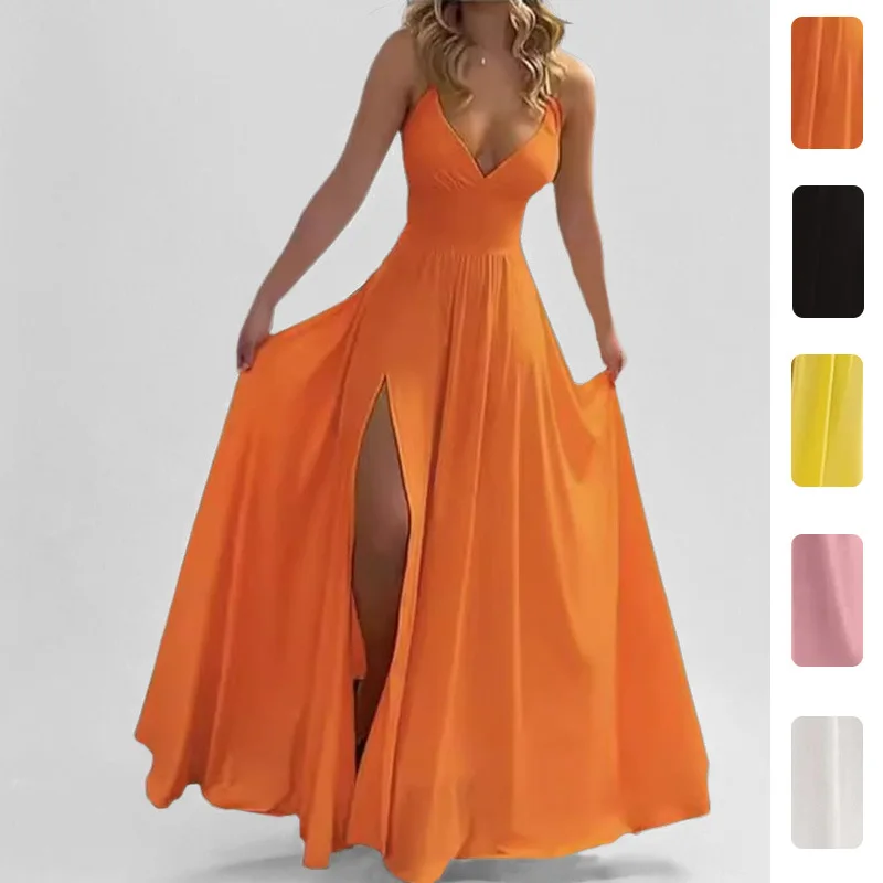 

2026 Spring New Women's Suspender Dress Fashionable and Sexy V-neck Slit Solid Color Long Dress