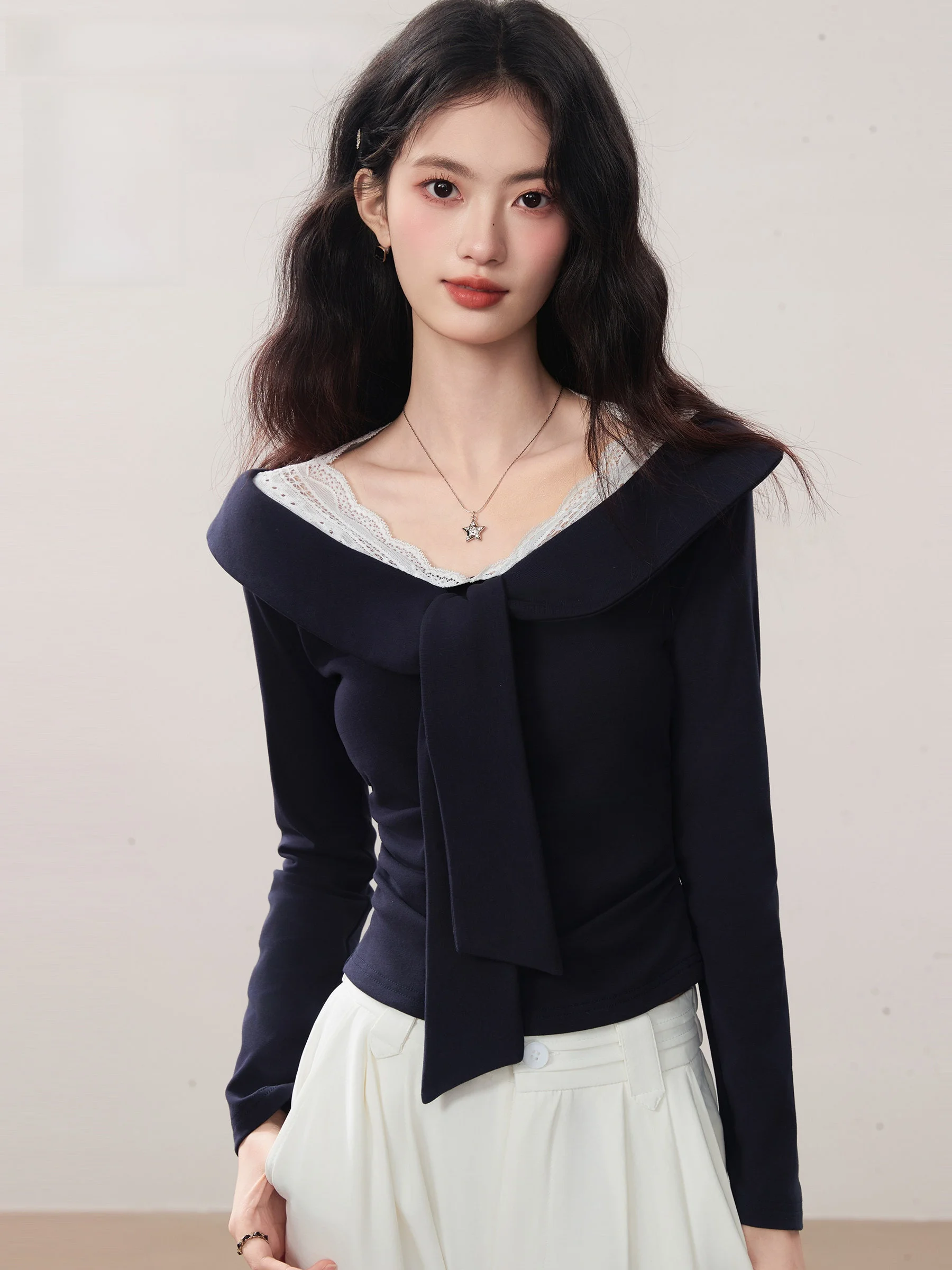 

Linjou Long Sve Lace ort Ne T-irt Women's Sle Casual Fit Knitted Cotton Polyester Blend Breathable Home Wear