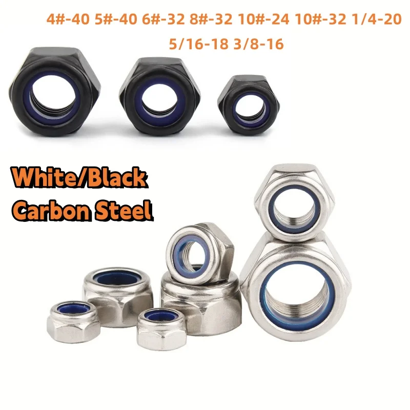 Hex Nuts 4#-40 5#-40 6#-32 8#-32 10#-24 10#-32 1/4-20 5/16-18 3/8-16 White/Black Carbon Steel Nylon Lock Nut US Self-locking Nut