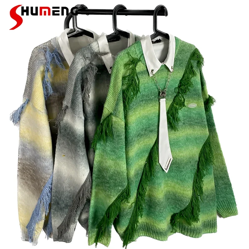 New American Retro Tie-Dye Tassel Sweater Male And Female Trendy Brand Niche Design Couple Knitwear Coat O-neck Sueters De Mujer