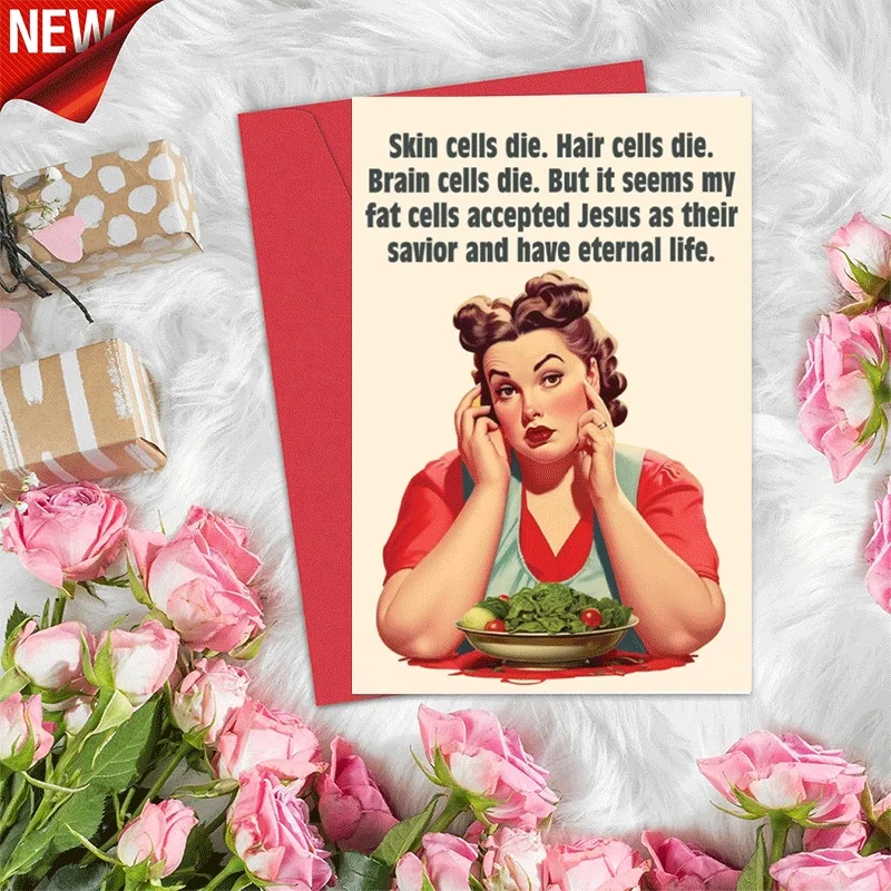 

Funny Fat Cell Christian Greeting Card, Retro Humor Card for Weight Loss Struggles, Novelty Joke Card for Fri