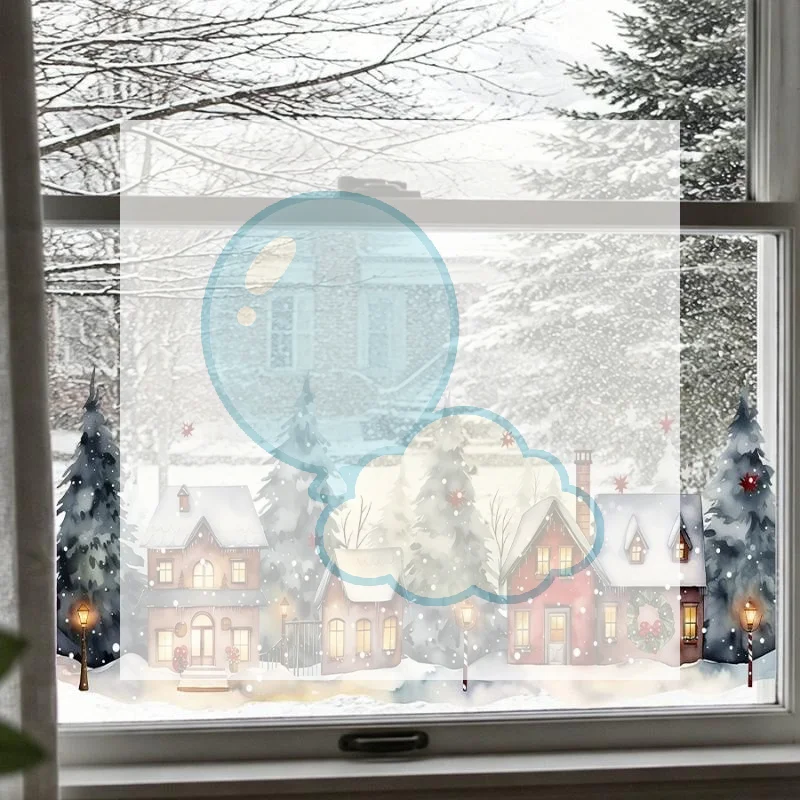 Comfortable Winter Watercolor Village Window Stickers Snow House Pine Tree Streetlights Christmas Glass Decorative Patterns
