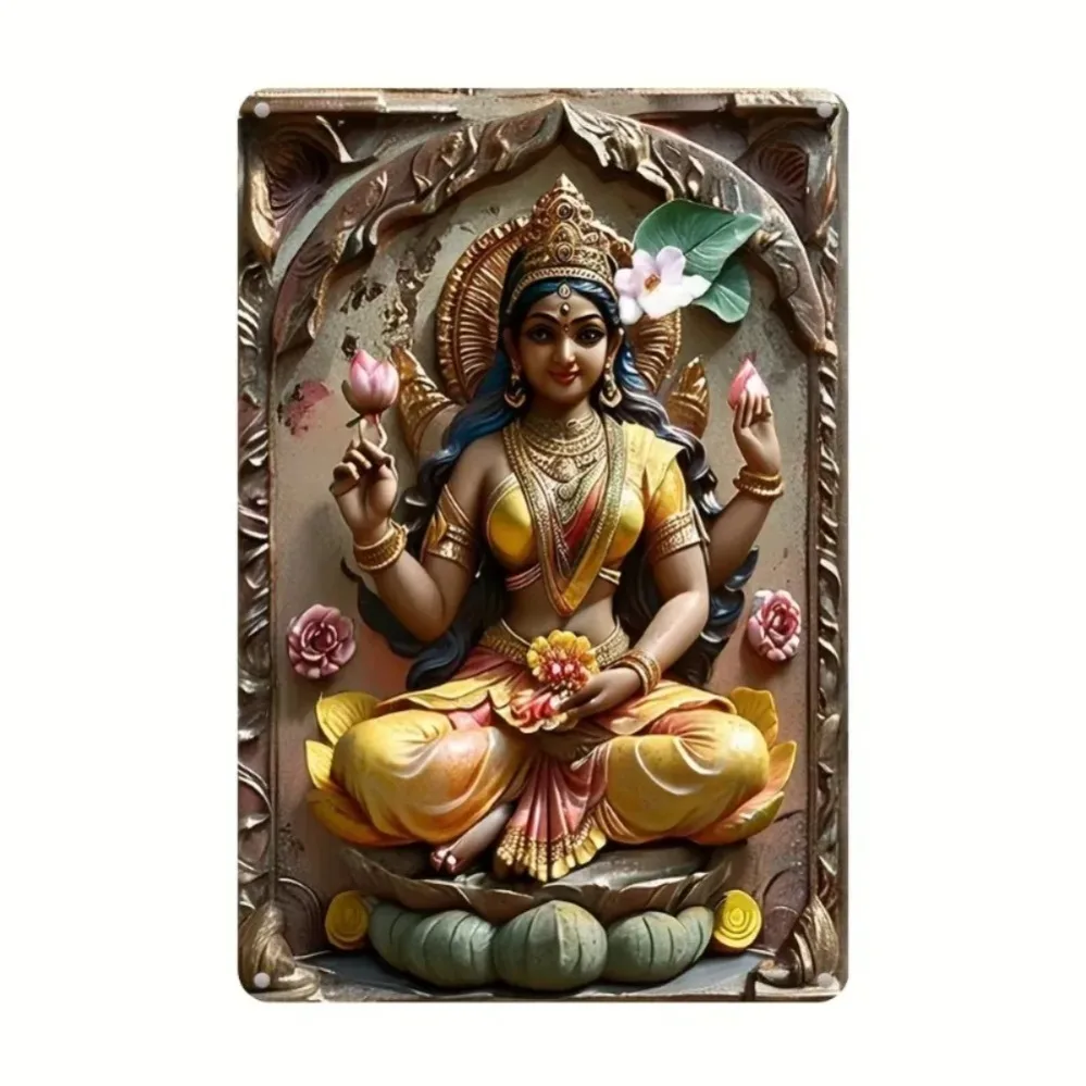 فن دائري من الألومنيوم من Goddess Lakshmi، طباعة عالية الدقة بالأشعة فوق البنفسجية لديكور الحائط للهندوسية للمهرجانات المنزلية