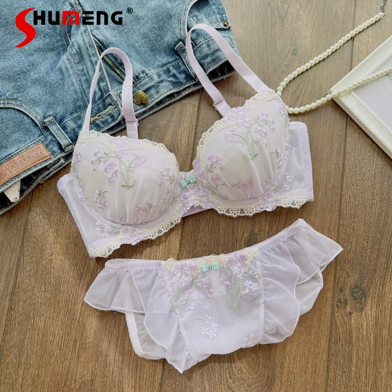 

Japanese Sweet Cute Embroidery Intimates Women's Push Up Large Underwire Bra Set Female Comfortable Breathable Brief Suits
