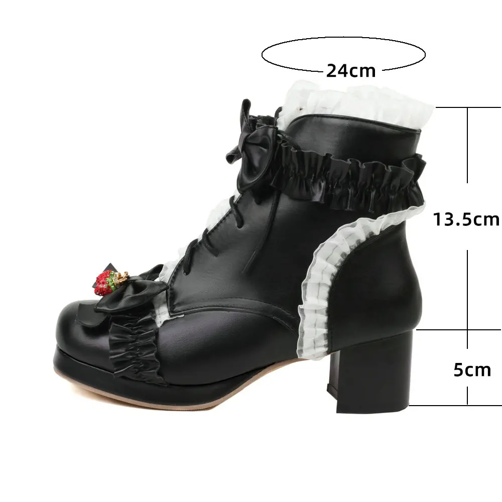 Wiosna jesień zima Lolita Chuncky obcasy truskawkowe botki słodkie buty dla lalek Cosplay profesjonalne obuwie białe Plus rozmiar