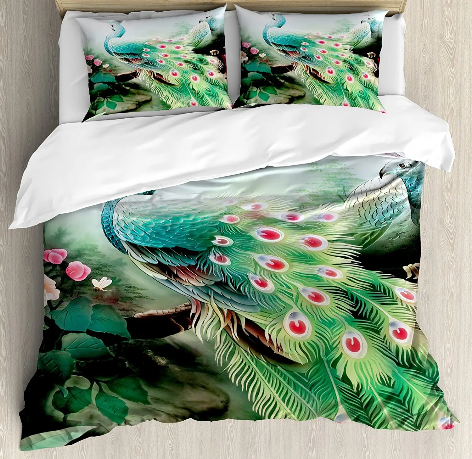 

Peacock Bedding Set Comforter Duvet Cover Pillow Shams Peacock Feathers Closeup Simple Picture Mini Bedding Cover Double Bed Set