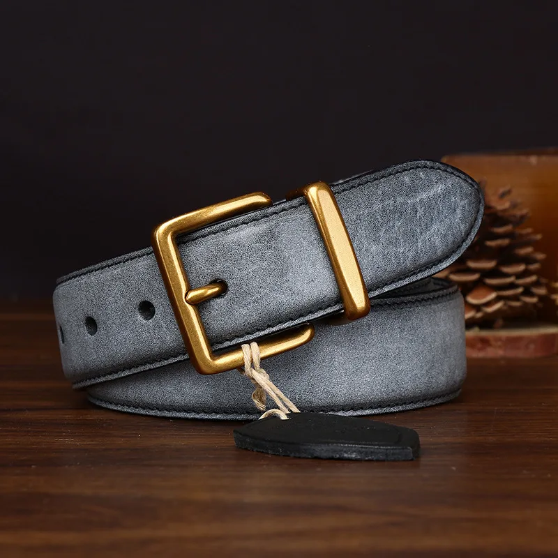3.4CM  Men Cowhide Washed Vintage Old Style Belt Distinctive Trend Pure Handmade Anti fold Copper Buckle Universal Collocation