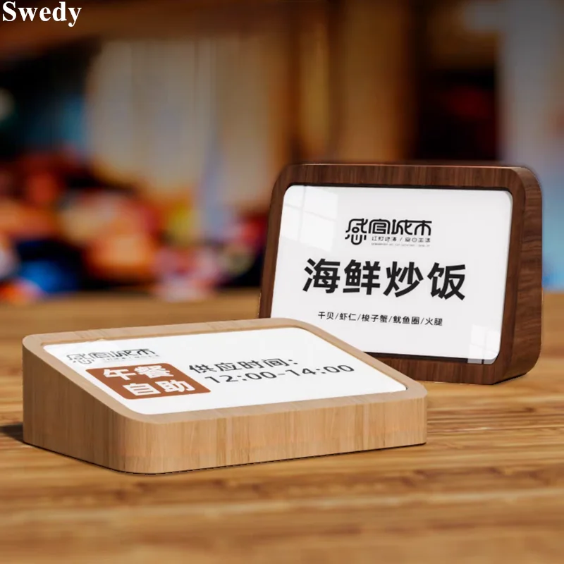 88x46mm Slanted Wood Base Acrylic Sign Holder Display Stand Menu Paper Label Holder Small Price Card Tags