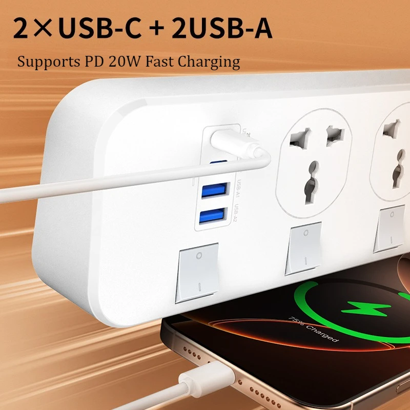 US/EU/UK Plug Power Strip with 4 USB Ports – 2500W Fast Charging Multi‑Outlet Extension Cord