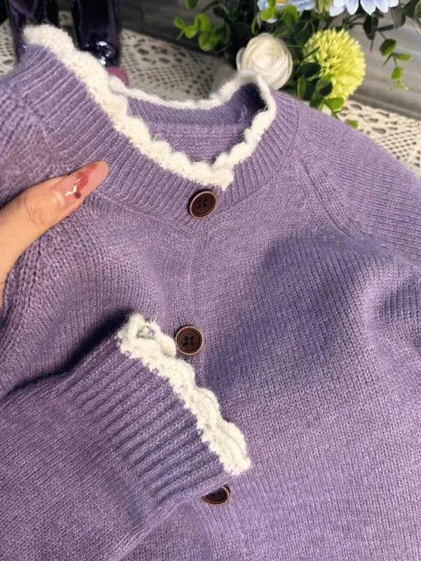 

Spring Autumn Ruffle Collar Loose Knitted Sweater Women Faion round Ne Cardigan Sli Agel Ele Commute Sle
