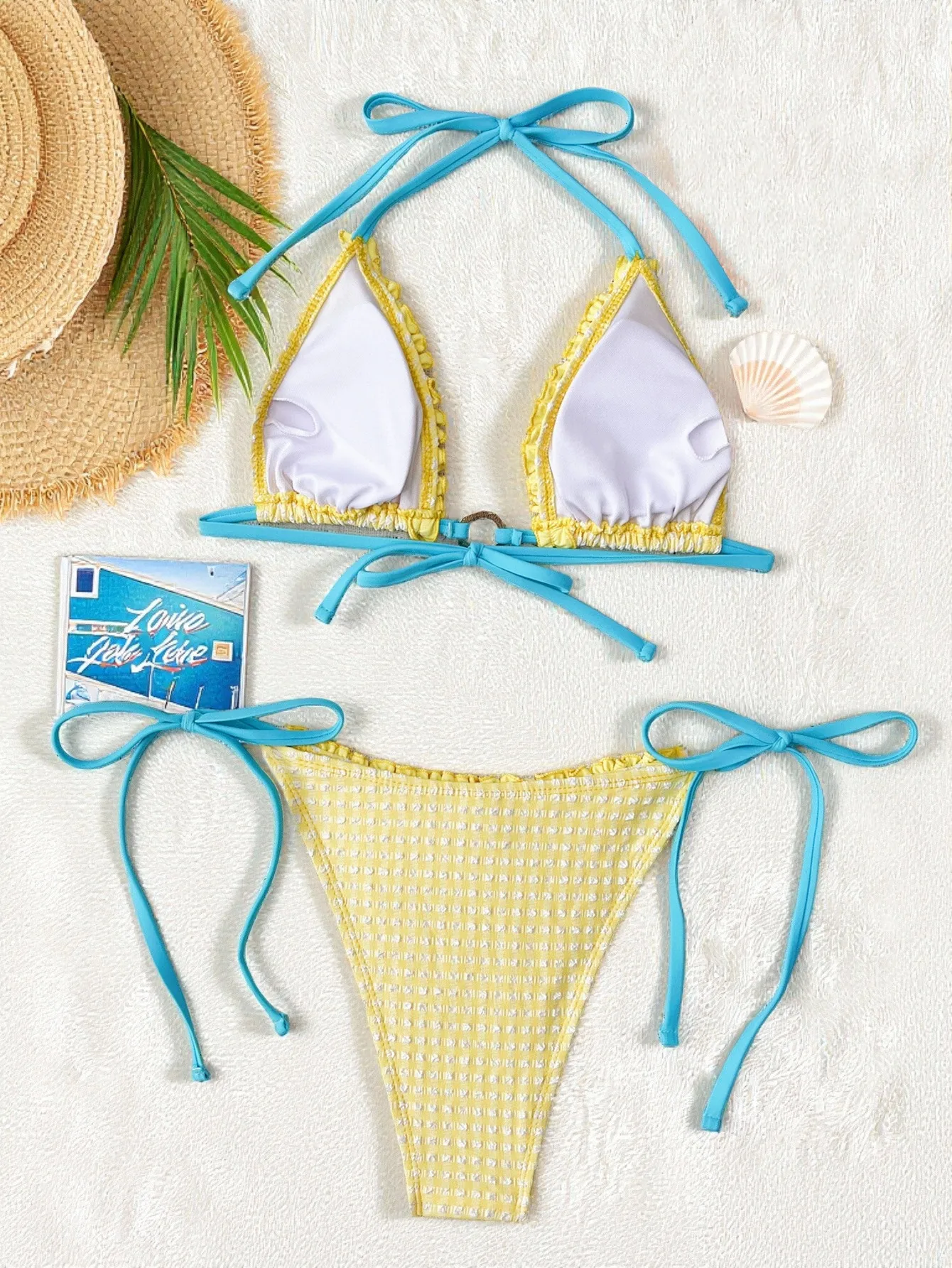 sexy yellow plaid sky blue patchwork ring halter back tie bikinis sets two pieces thong swimsuits bathing suit swimwear biquini