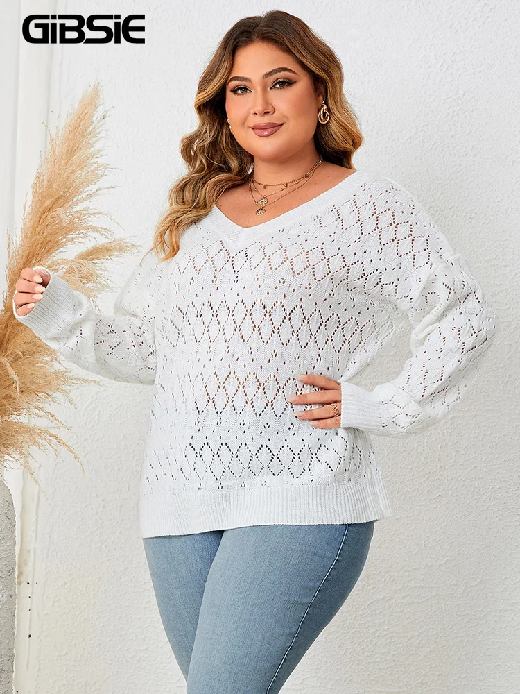 GIBSIE Plus Size White Hollow Out Knitwear Tops for Women Lace Back V Neck Long Sleeve Knitted Pullover Sweaters 2023 Autumn New