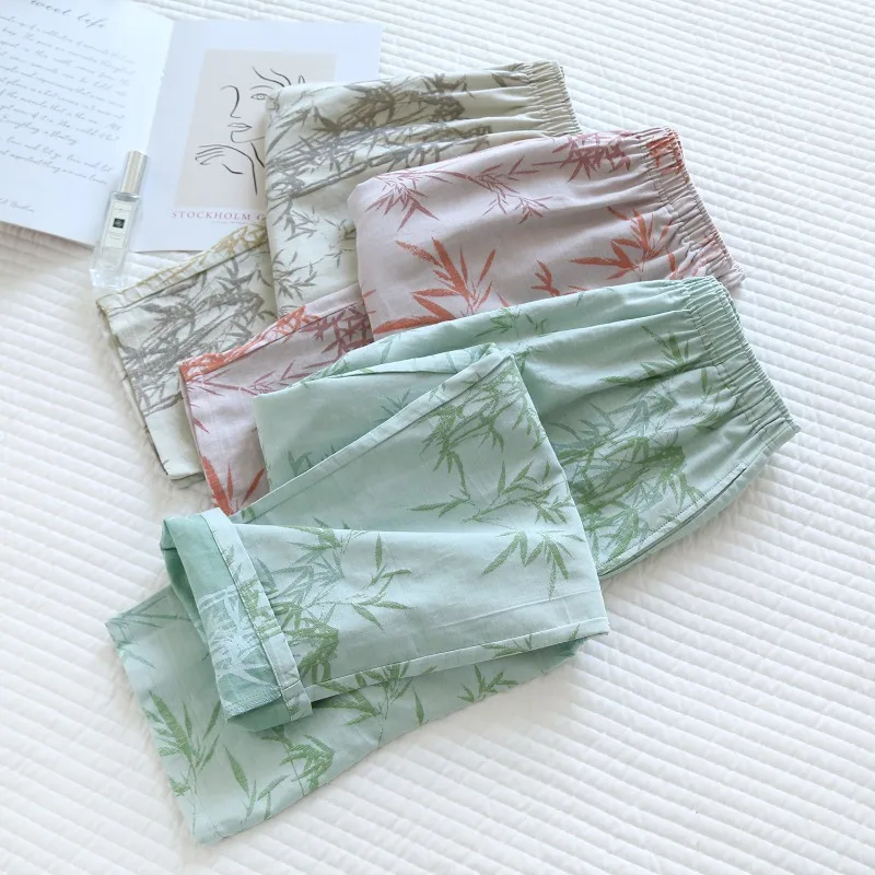 Retro Double-sided Jacquard Pajama Pants Single-layer Thin Trousers Cotton Gauze Women's Home Pants Elastic Waist Sleep Bottoms
