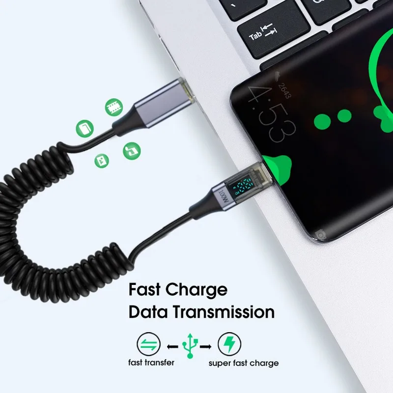 100w Dual Type C LED Digital Display Spring Cable for Samsung IPhone Xiaomi Huawei OnePlus Fast Charging Cord Spring Data Cable