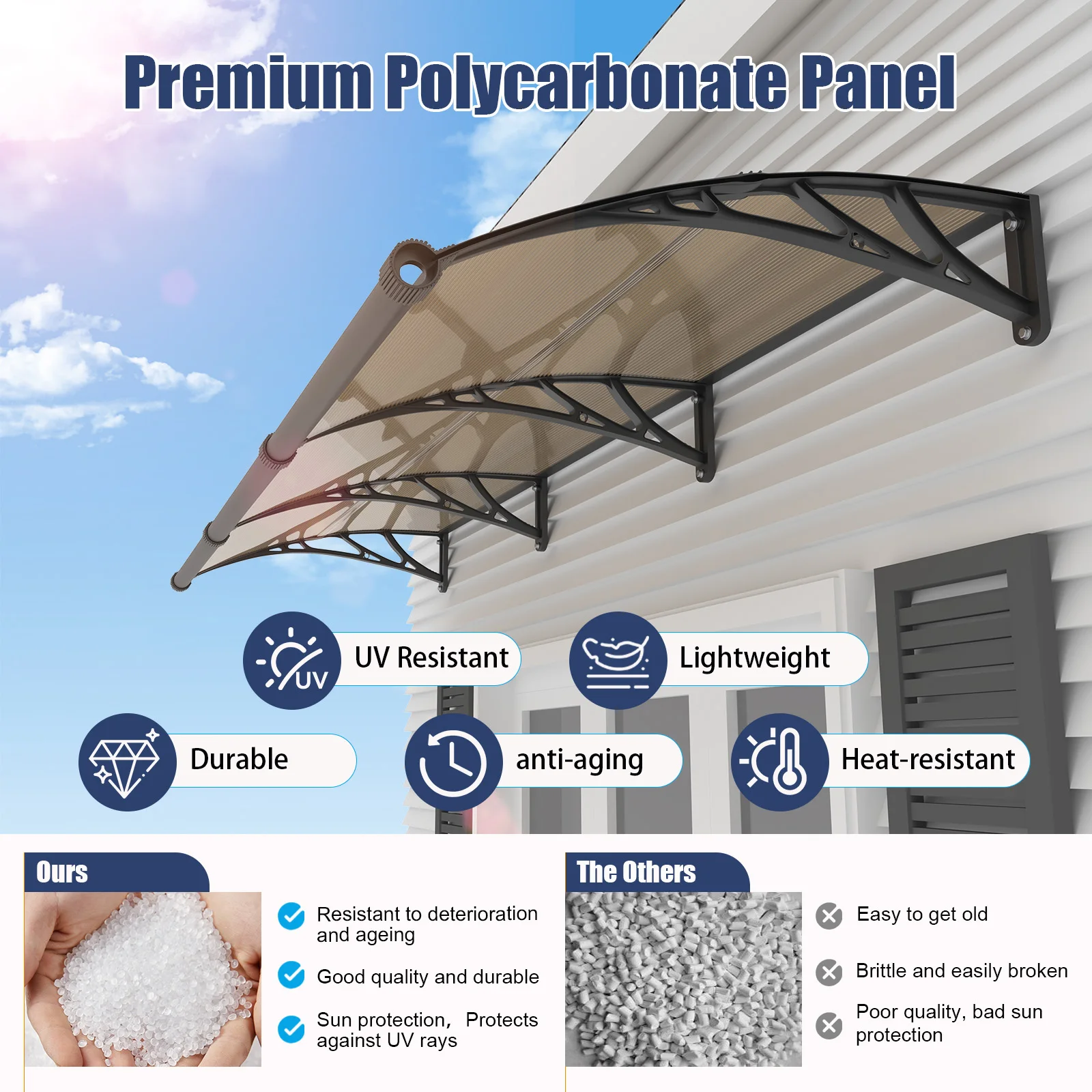 120x240cm Door & Window Awning with Detachable Drainage Gutter - Black Heavy-Duty Bracket for Patio, Balcony & Entryways