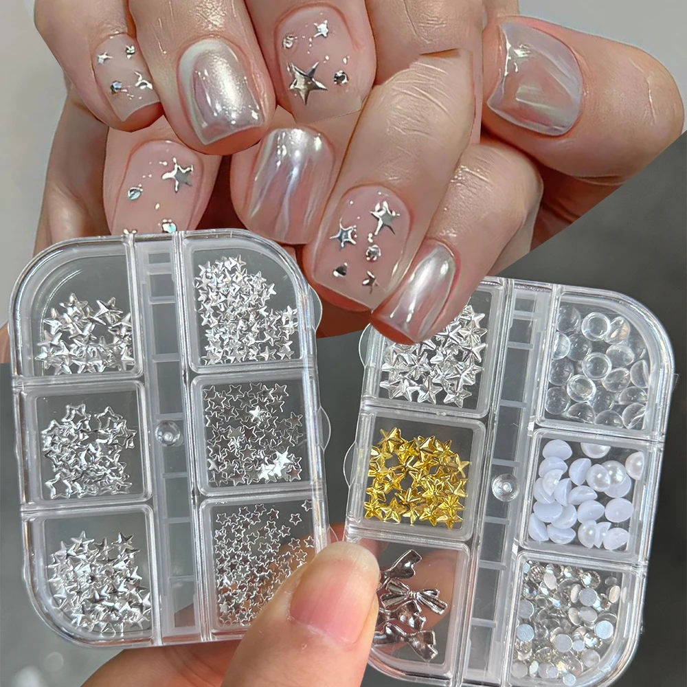 6Girds Y2k Metal Silver Star Nail Rivet Studs Charms 3D Half-round Pearl Bows Nail Rhinestones Luxury Alloy Jewelry Nail Decorat