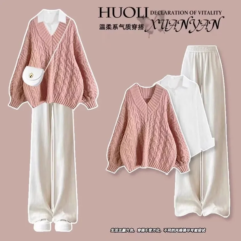 

Autumn and Winter New Gentle Wear Collar Style V-neck Knitted Sweater Women's Casual Pants Shirt Women's Three-piece Suit