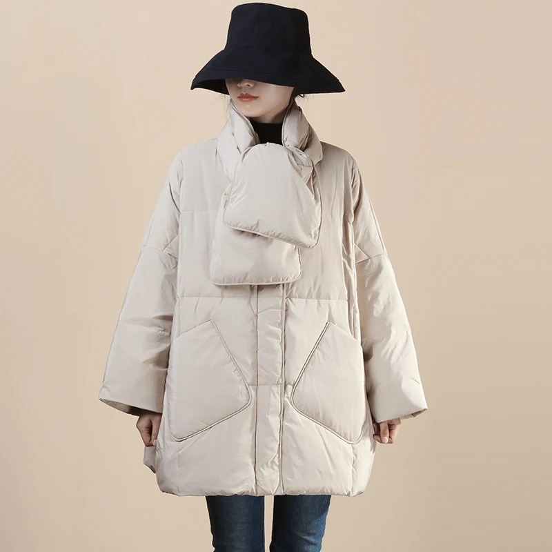 FTLZZ Winter Women Scarf Round Neck Warm Snow Outwear Elegant Female 90% White Duck Down Jacket Casual Loose Solid Coat