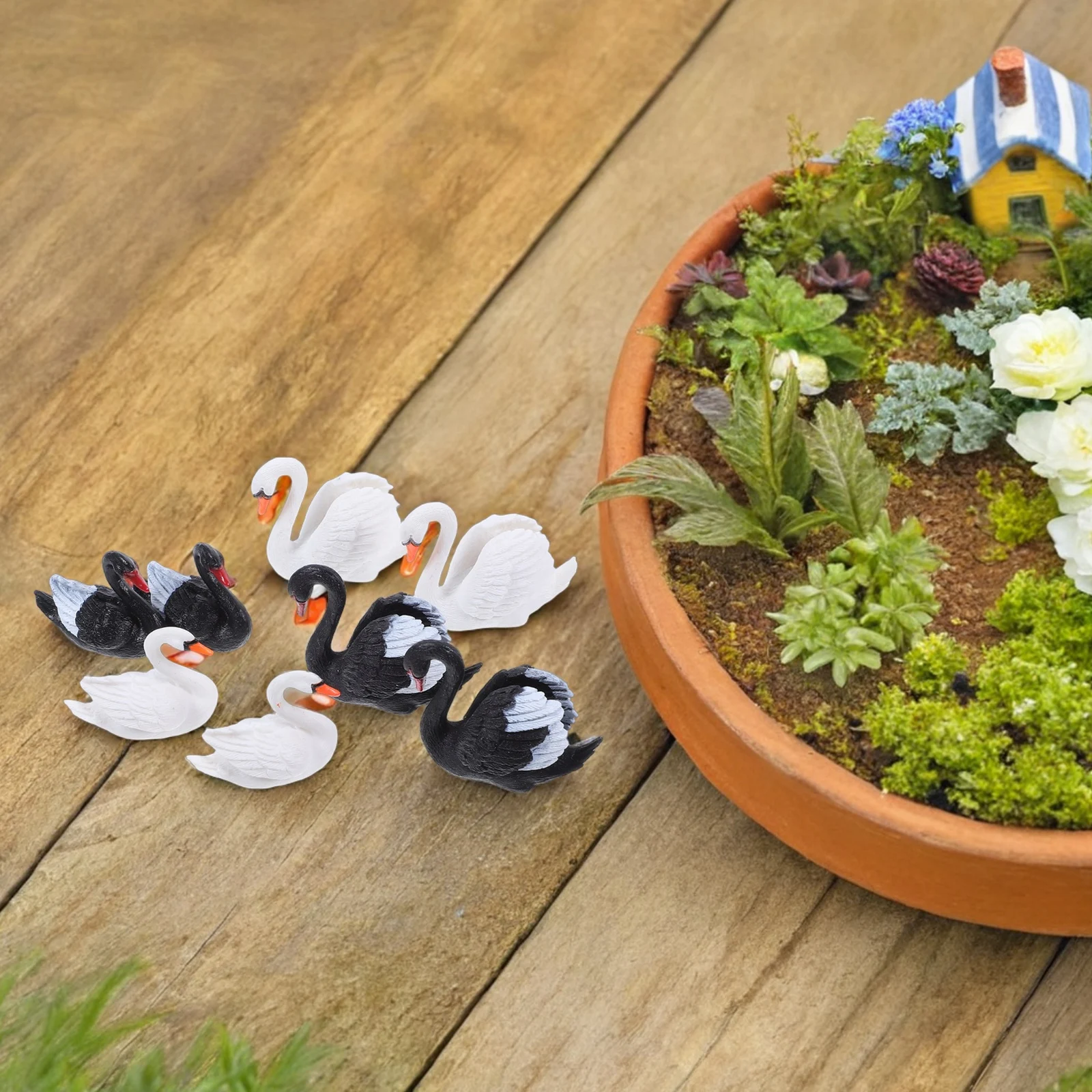 

8 Pcs Black White Swan Ornament Mini Figurines Plastic Couple Decor Dashboard Garden Hotel Office Restaurant