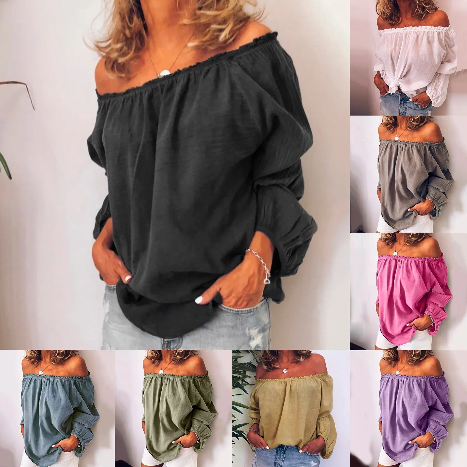 Plus Size Elastic Collar Women\'s Blouse Off Shoulder Casual Long Sleeve Sexy Shirt Cotton Line Top Summer Loose Ruffle Top Blusa