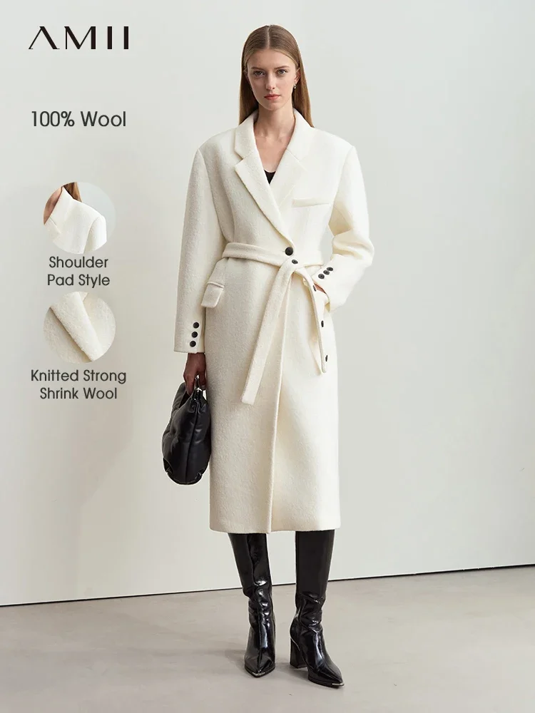 Amii minimalist 2024 winter new women's suit collar full wool with belt woolen jacket shoulder pads long upper coat 12424068