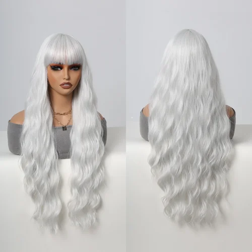 Imagen 2 del producto Peluca sintética plateada súper larga y rizada con flequillo esponjoso, pelucas de pelo ondulado con agua blanca para mujer, peluca de pelo de colores para Cosplay de uso diario