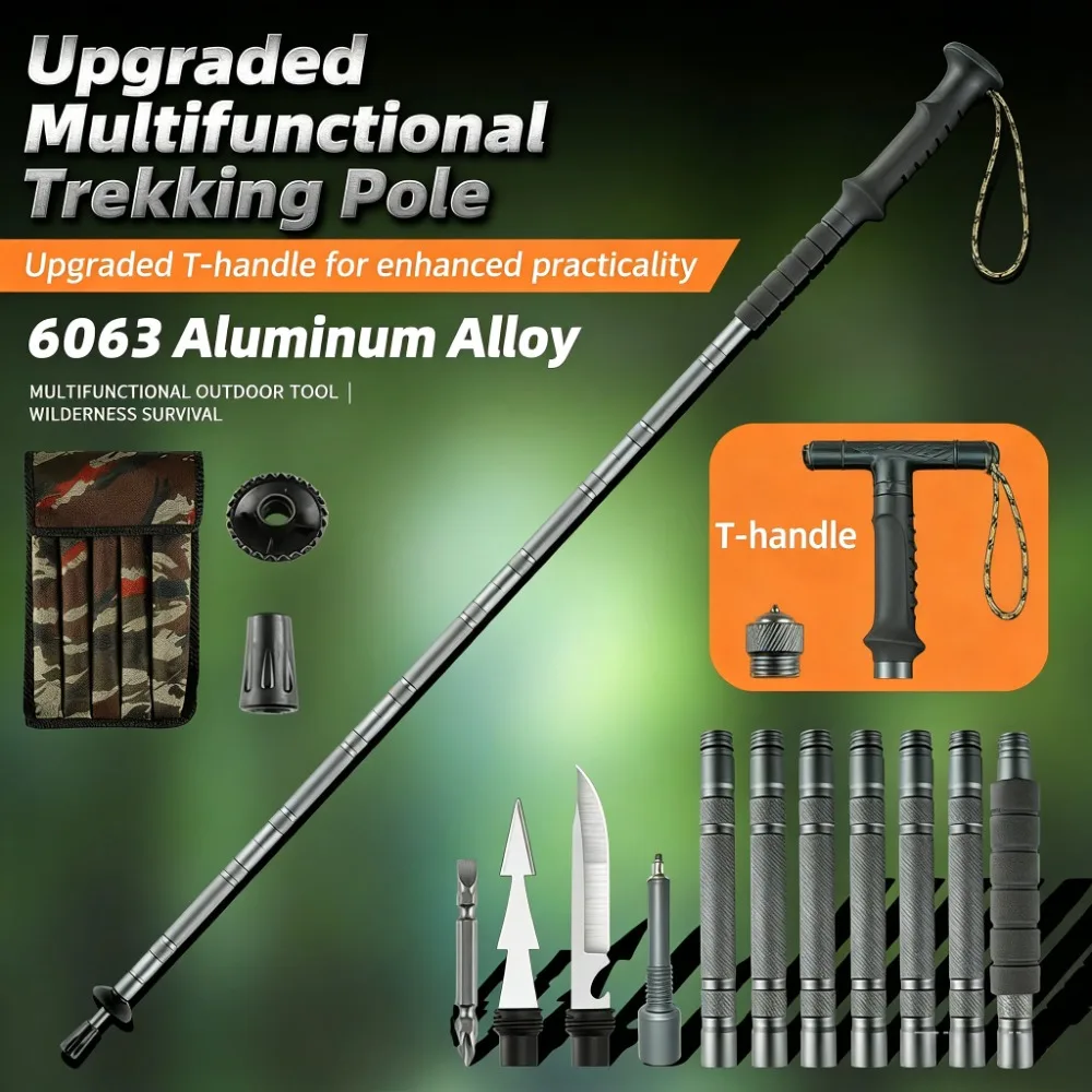 Bâton de randonnée pliable, en alliage d'aluminium robuste, poignée en T antidérapante, bâton de marche multifonctionnel pour la randonnée et le camping en plein air