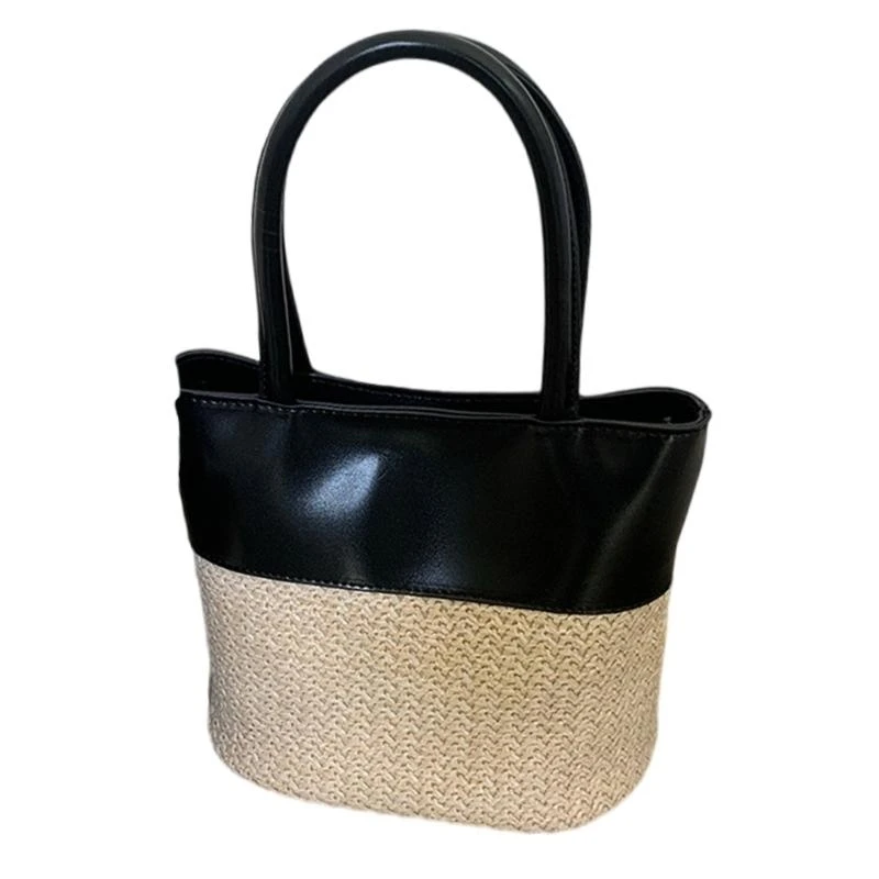 

Fashionable Patchwork Shoulder Bag with PU Leather Straw Bucket Handbag