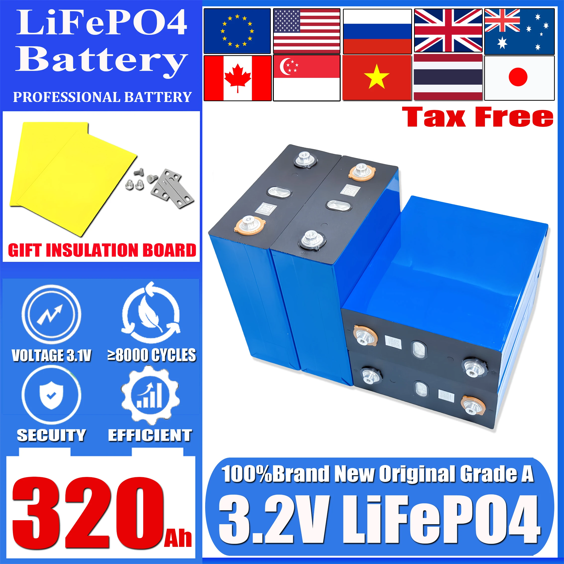 

3,2 В, 320 Ач, 8000 циклов, 340 Ач, 10000 циклов Lifepo4, аккумуляторная батарея класса A, сделай сам, 12 В, 24 В, автофургон, электромобилей, лодка, гольф, солнечная энергия, кемпинг