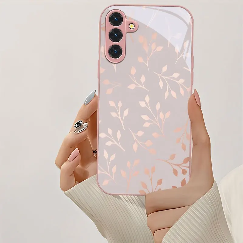 Elegant Pink Leaf Branch Glass Phone Case for Samsung Galaxy S26 S25 S24 S23 S22 S21 Ultra FE Plus Shockproof Anti-Scratch Cover