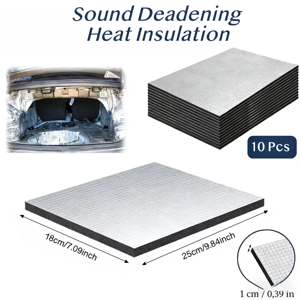 10PCS 10mm Car Sound Deadening Mat Aluminum Foil Heat Insulation Soundproof Foam Noise Reduction Pad for Car Door Roof Hood