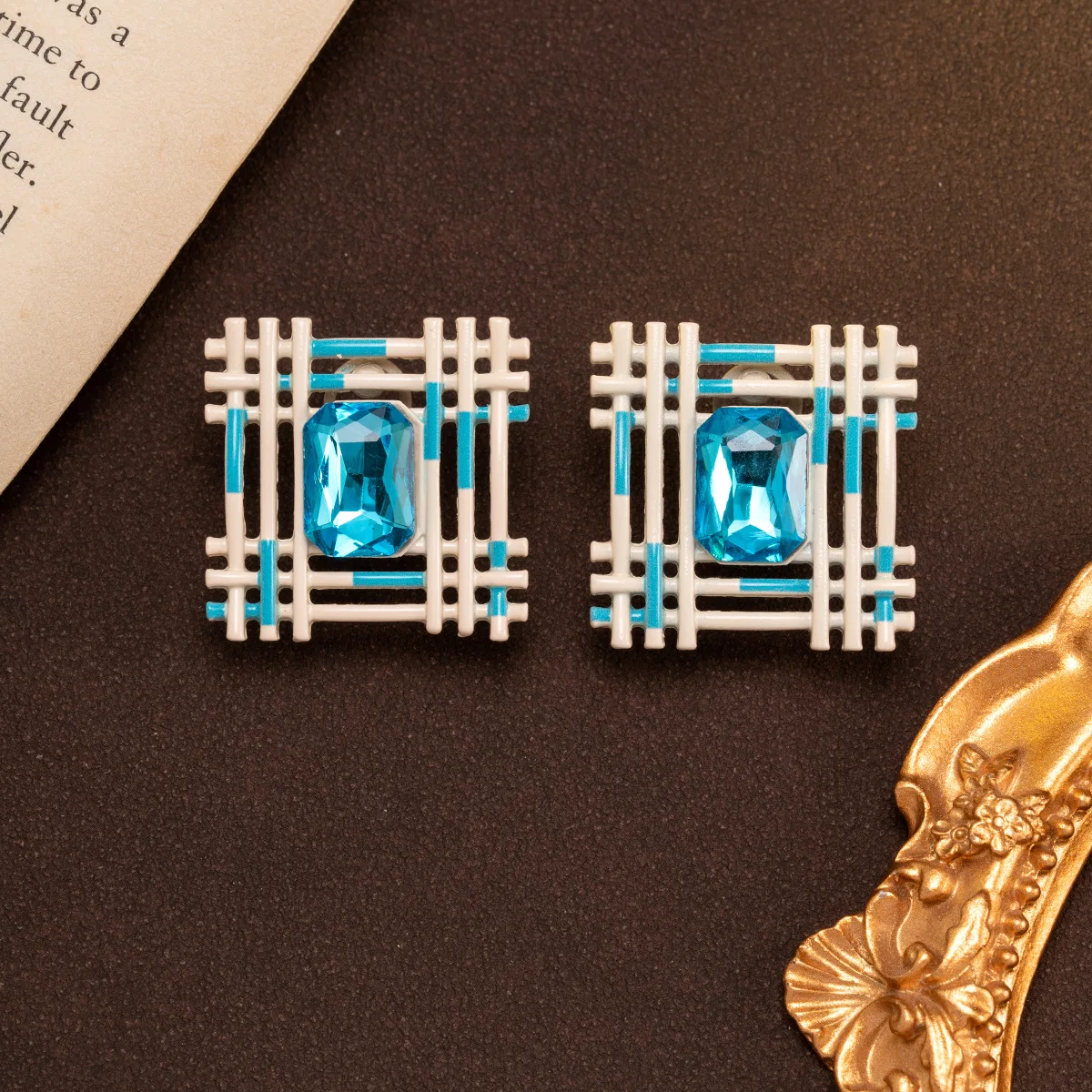 Medieval vintage grid-set blue square diamond earrings versatile earrings elegant enamel stud  винтажные серьги earrings