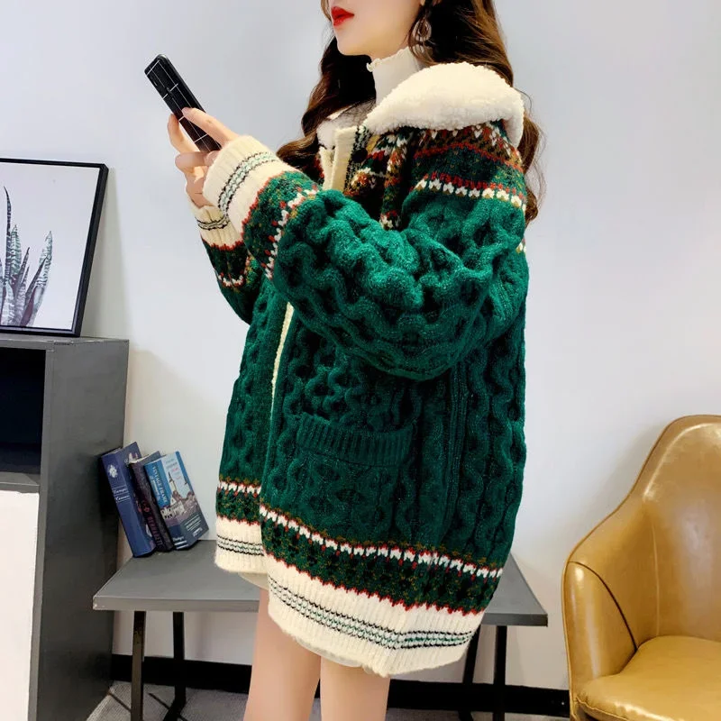 Women Splicing Sweater Plush Thickened Coat Female Ethnic Red Sweater Autumn Winter Women's Loose Knit Cardigan Jacket XQ278