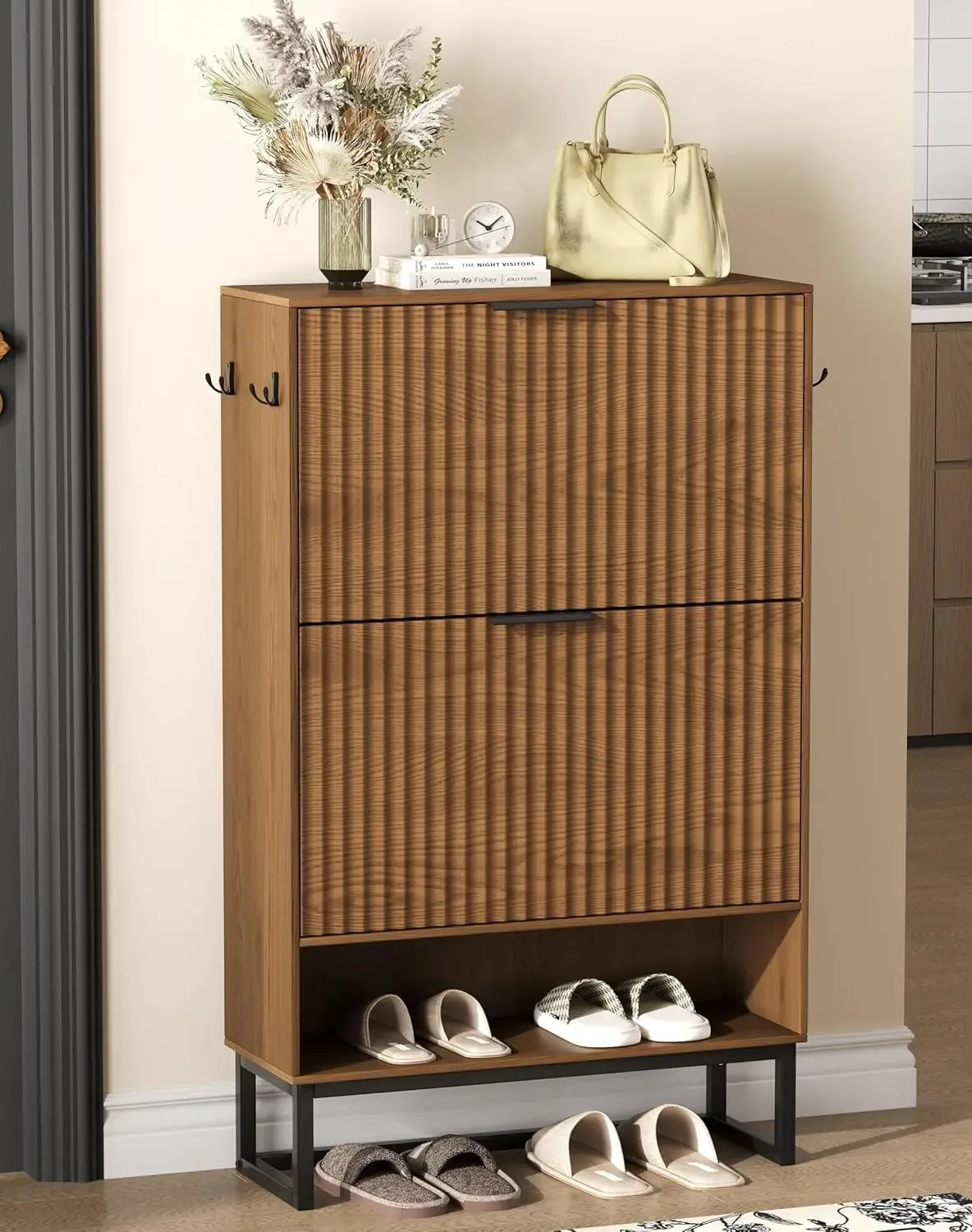 

Узкий шкаф для хранения обуви с рифленой дверцей, скрытая полка для обуви с металлическими ножками, узкий органайзер для обуви, 2 откидных ящика, для прихожей