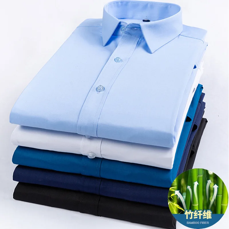 

8XL Высококачественная рабочая рубашка из бамбукового волокна, синяя, черная, белая, мужская рубашка с длинным рукавом, против морщин, мужская рубашка с длинным рукавом, облегающая, Camisa Social