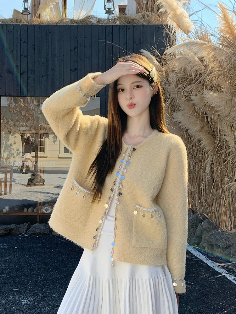 

Модные элегантные укороченные пальто, женские шикарные блестки, желтая повседневная куртка с длинным рукавом и карманом с круглым вырезом, осенний офисный женский короткий кардиган