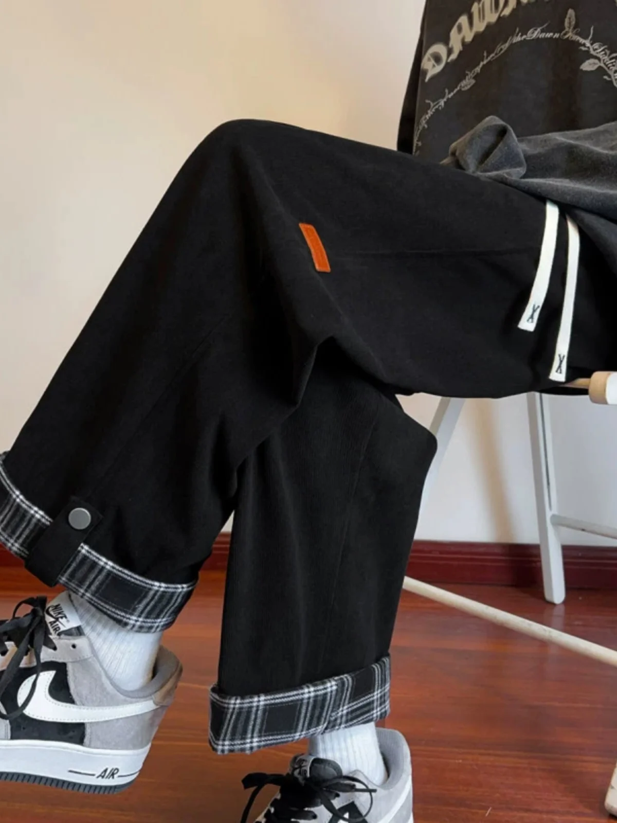 

Plaid Wide Leg Casual Pants for Men Spring Autumn Loose Large Size Straight Cut Youthful Vintage Nine Point Trousers