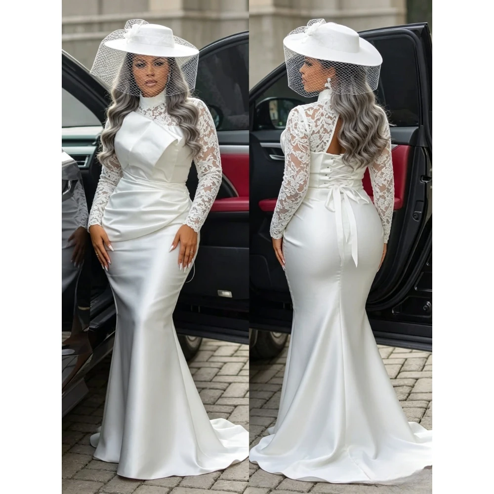 Customized African Bridal Gown High Neck Lace Long Sleeves Satin Wedding Dresses Suitable for Churches with Bow Details Size Up