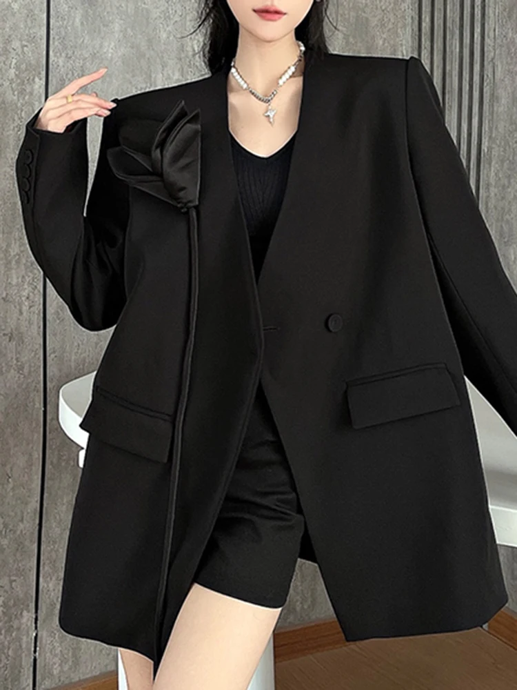YERMORA ดอกไม้สีดําริบบิ้น Casual Blazer สําหรับผู้หญิง V คอยาวแขนยาวหลวมเสื้อใหม่แฟชั่นฤดูใบไม้ผลิฤดูร้อน 2025