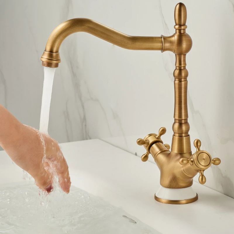 

French Vintage Brass Basin Tap Bathroom Vanity Unit Washbasin Double-Handle Rotatable Hot/Cold European-Style Faucet
